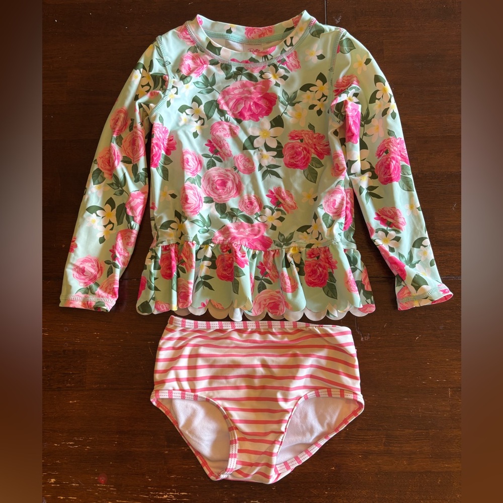 4T Ruffle Butts Pink and Green Floral Rashguard Swimsuit